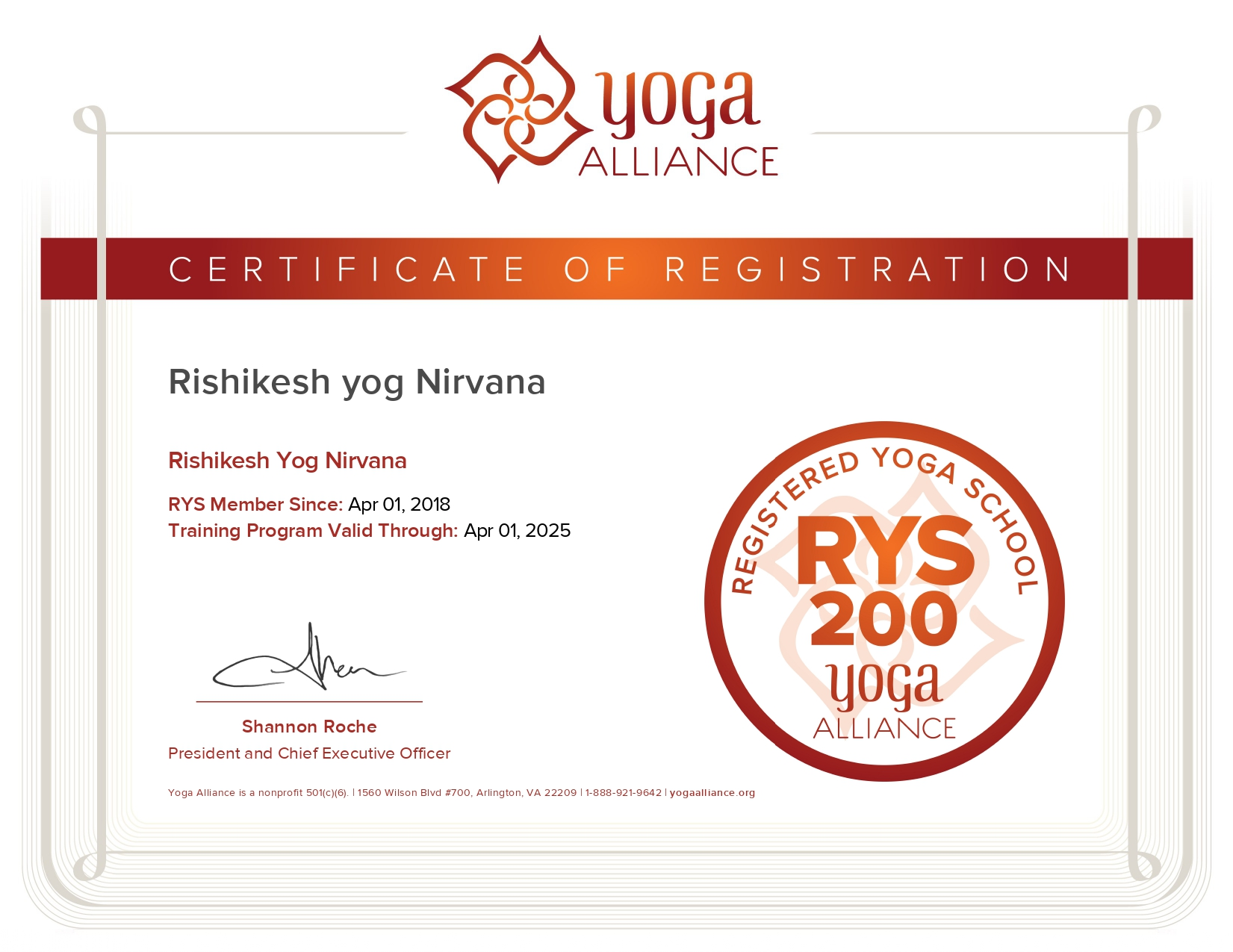 Rishikesh Yog Nirvana Pre Natal Certificate