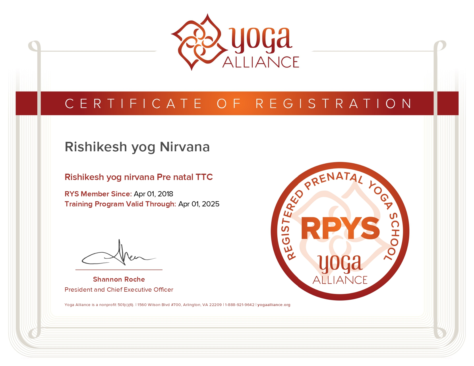 Rishikesh Yog Nirvana RYS 300 Yoga Alliance Certification