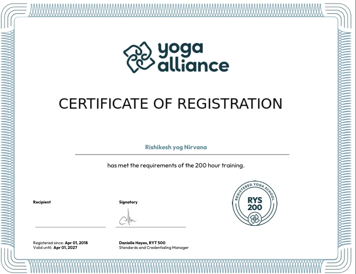 Yoga Alliance Certificate of Registration — Rishikesh Yog Nirvana, RYS 200, registered since April 2018