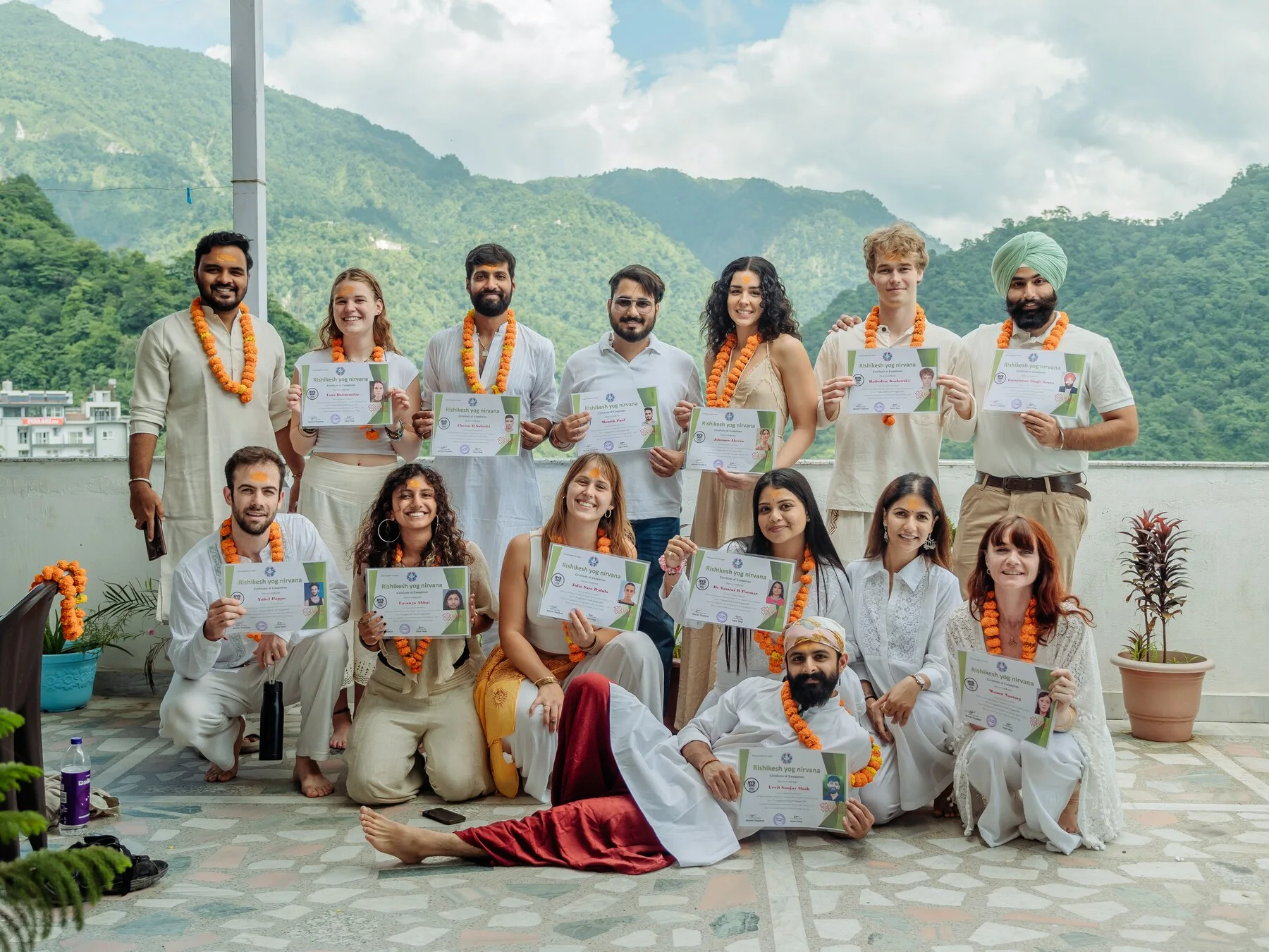 Students and the yoga community at Rishikesh Yog Nirvana during the 100 hour teacher training in Rishikesh