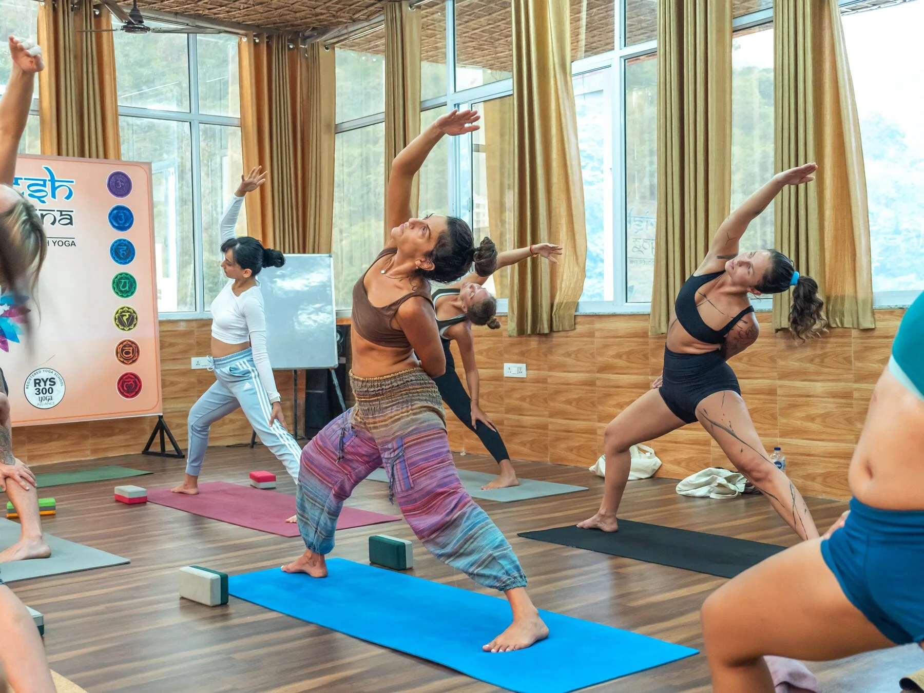 Group vinyasa and asana practice during the 100 hour yoga teacher training at Rishikesh Yog Nirvana
