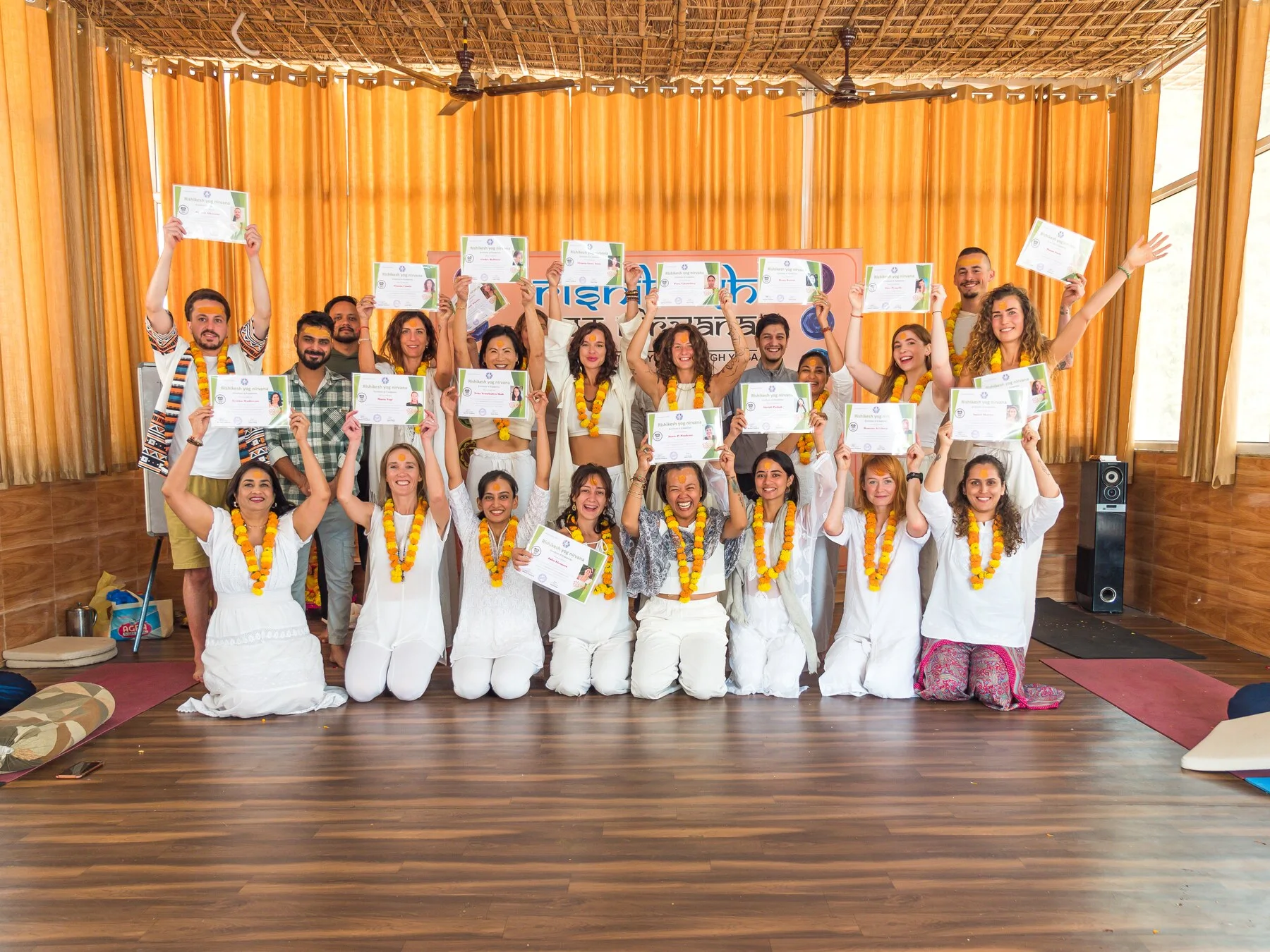Students and teachers during the 200 hour yoga teacher training course introduction at Rishikesh Yog Nirvana
