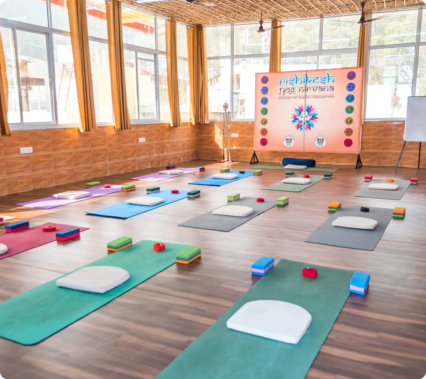 Yoga hall overlooking Himalayas at Rishikesh Yog Nirvana